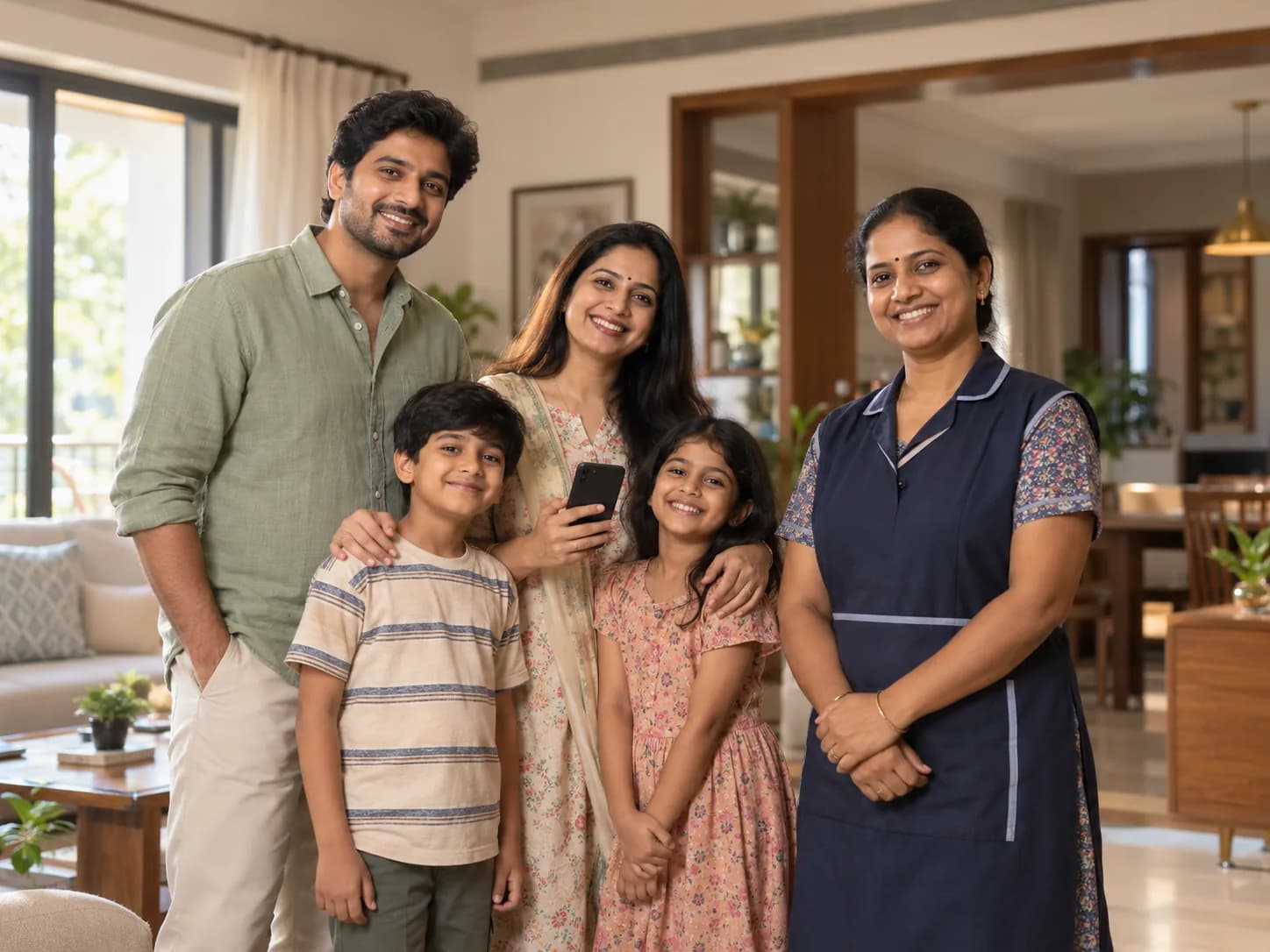 Indian household smiling together with their domestic worker