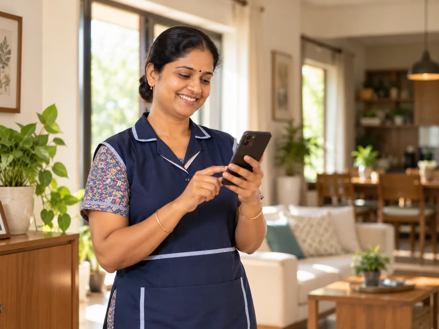 Domestic worker checking her salary slip on the Servy app
